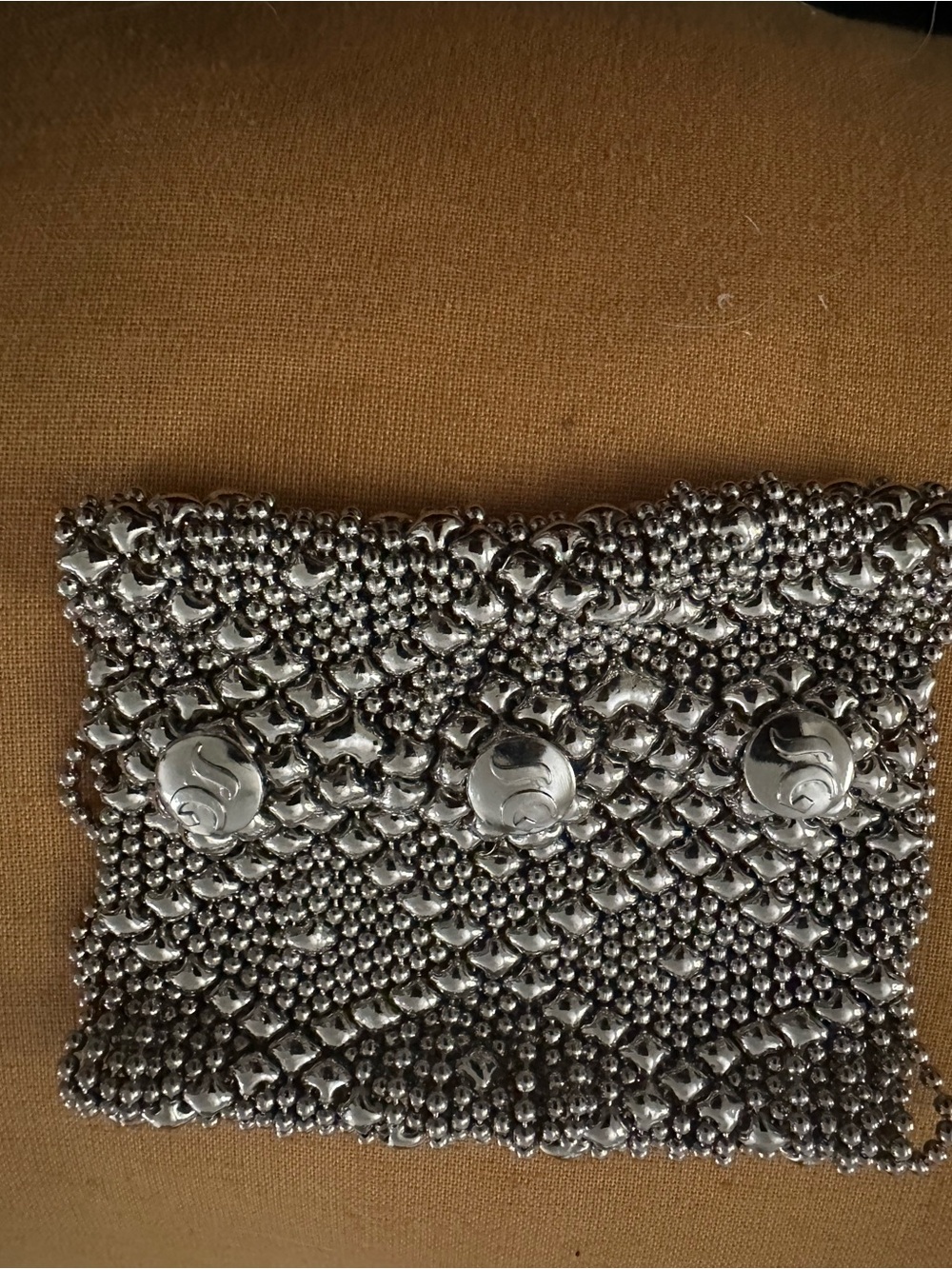 Silver Mesh Evening Clutch with Embossed Medallions